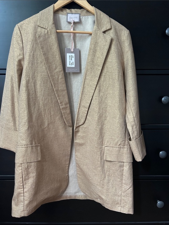 Saiph Jackets & Blazers - Gold Sparkle Open-Front Linen Blend Blazer Made in Italy